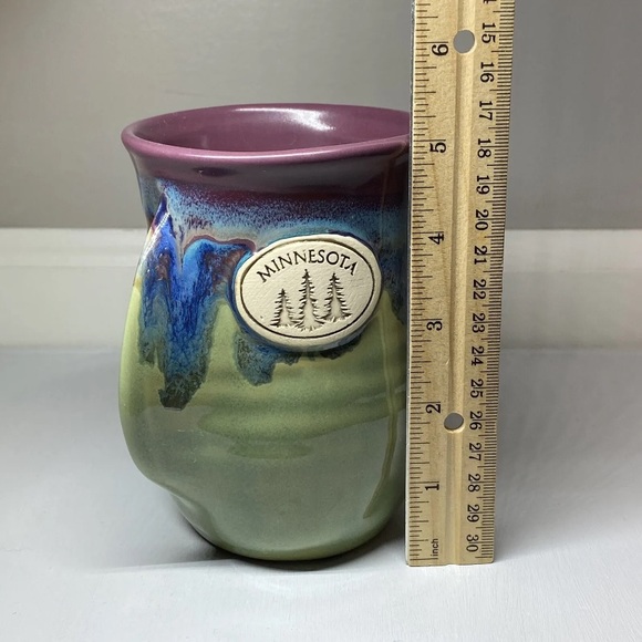 Neher Pottery Hand Warmer Mug Drip Glazed Minnesota Cup, Signed 2012 Blue Purple - Picture 10 of 11